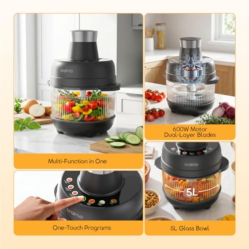Oraimo Glass Chopper & Mincer,One-Touch Programs,600W Meat Mincer with 4 Removable Blade,Mixing dough sticks,5L Large Capacity,Blender Food Chopper for Meat,Vegetable, Fruits,Ice Crushing,Dough, Sauce