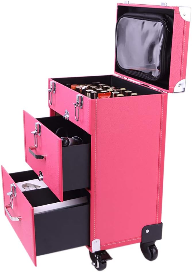 Extra Lager Luxury Leather Hairdressing Make up Beauty Trolley Case Rolling Trolley Makeup