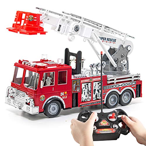 PREXTEX 13'' Remote Controlled Fire Truck Lights, Siren, and Ladder