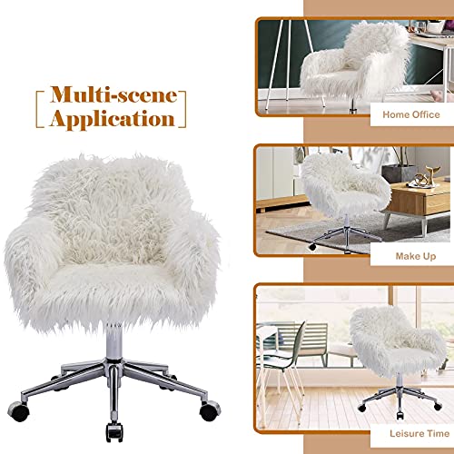 SSLine Faux Fur Vanity Chair Modern White Furry Makeup Desk Chairs for
