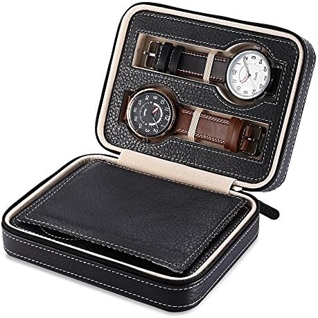BISOZER Portable 8 Slot Watch Storage Display Box, PU Leather Watch Zippered Travel Box Watch Collector Case, Storage Organizer Padded Display Case for Men & Women as A Gift (4 Slot, Black)