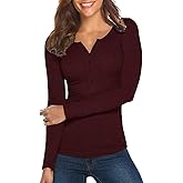 Tobrief Women's Henley Shirts Long Sleeve V Neck Ribbed Button Down Knit Sweater Fitted Tops