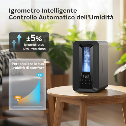 5L Umidificatore Ambiente, Nebbia Fresca Ricarica Dall'Alto Umidificatore Ultrasonico con Diffusore Aromi, Igrostato Smart, Luce Ambientale, 50h/25dB Silenzioso per Casa ufficio Bambini Piante