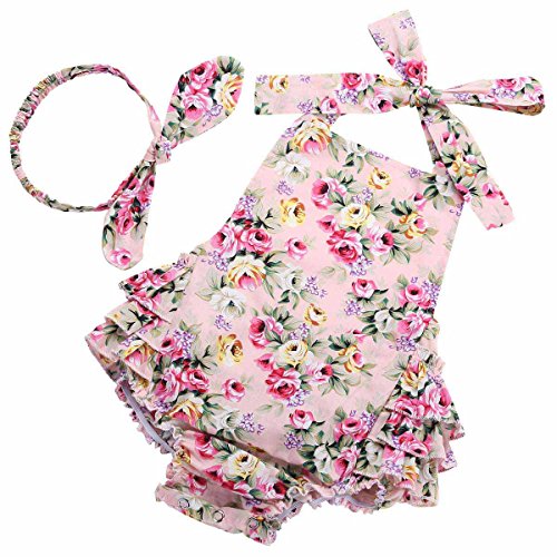 Fubin Baby Girl's Floral Print Ruffles Romper Summer Clothes With Headband Pink Floral M-(12M)