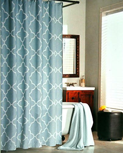 100-percent Cotton Shower Curtain Moroccan Tile Quatrefoil Aqua and White Lattice 72-inch By 72-inch