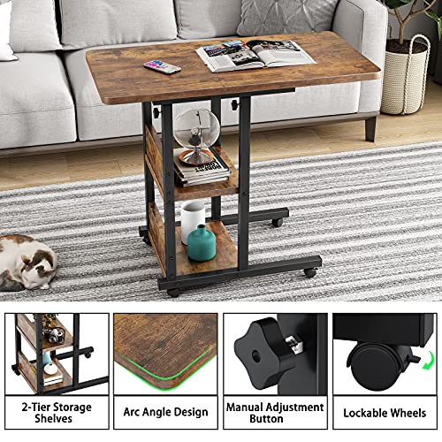 Height Adjustable Side Table, 32 Inch C Shaped End Table with Storage