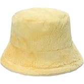 ILUFAM Women Faux Fur Bucket Hat Fuzzy Warm Winter Hat Fisherman Cap Solid Color