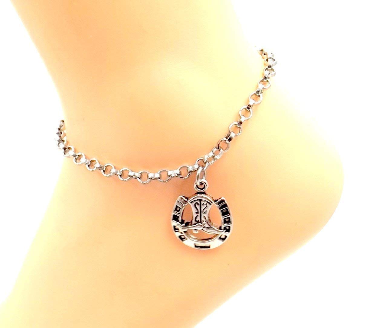 Equestrian Boot Horseshoe Anklet Stainless Steel Ankle Bracelet Sizes 811 Horse