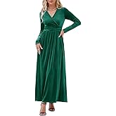 OUGES Women's Long/Short Sleeve V-Neck Wrap Waist Maxi Dress