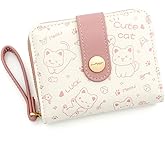 Hiriotin Kawaii Cat Wallet for Women Girls Cute Cartoon Cat Zipper Around Coin Purse Card Holder with Buckle ID Card Slots (Pink)