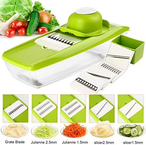 Mandoline Slicer Multifunctional Vegetable Peeler Slicer, Food Container for Vegetable Fruit Cheese Cutter with 5 Interchangeable Stainless Steel Blades + Cutting Board + Blade Box + Hand Gard -GynTi