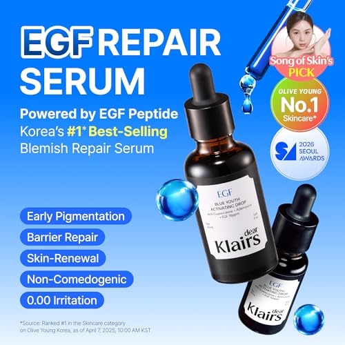 DearKlairs EGF Serum - Blue Youth Activating Drop, 1.69 Fl Oz | Barrier Repair & Post-Blemish Marks, Sensitive Skin-Friendly, Daily Calm & Soothe, Korean EGF serum