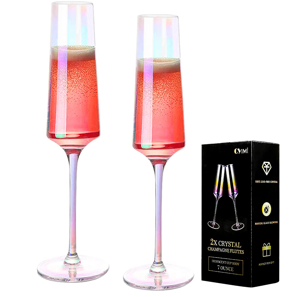 Cyimi Crystal Champagne Glasses Flutes Set of 2 Iridescent, Lead Free Premium Modern Champagne Glasses, Hand Blown Classic Champagne Flutes Set (7OZ,210ML)