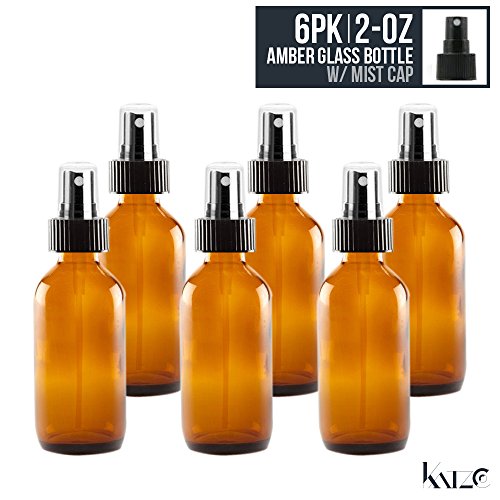 6 Pack- 2 Oz - Amber Boston Round Glass Bottle With Fine Mist Spray Nozzle (60 mL) - For Hydrosol, Cosmetics, Oils Perfume, Lab, Kitchen, Travel, Medicine, Beauty. - Re-Usable Etc. -By Katzco