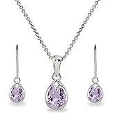 Jewelry Sets for Women, Necklace and Earring Set for Women, Birthstone Jewelry, Genuine or Synthetic Gems, Teardrop Bezel, Pendant Necklace, Short Necklace, Dangle Earrings, Sterling Silver Jewelry