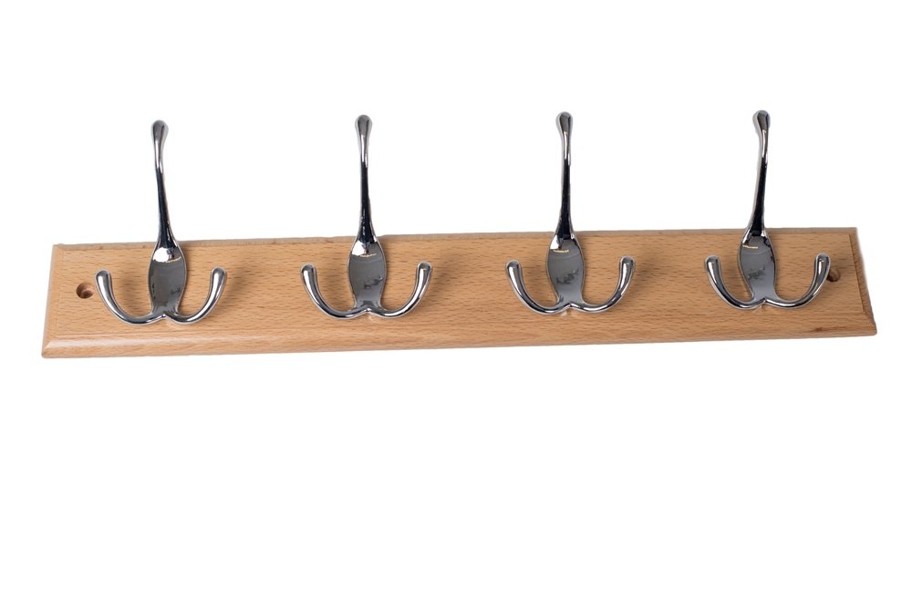 Merriway BH03931 Triple Hat and Coat Hooks x 4 Bright Chrome Hooks on Beech Rail