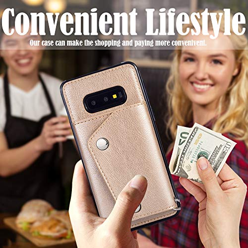 Samsung S10e Case Wallet Card Holder,Kudex Leather Folio Flip Full Body Protective Back Case Cover [Stand Feature] Wrist Strap & [4-Slots] ID&Credit Cards Pockets for Samsung Galaxy S10e (Gold)