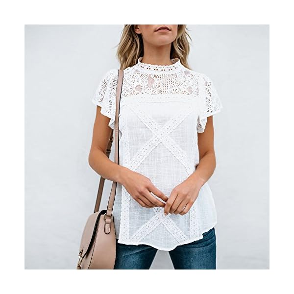 Camisetas Mujer SHOBDW Dia de la Mujer Verano Patchwork De Encaje Casual Ahuecar Volantes Manga Corta Suéter De Cuello… | DeHippies.com