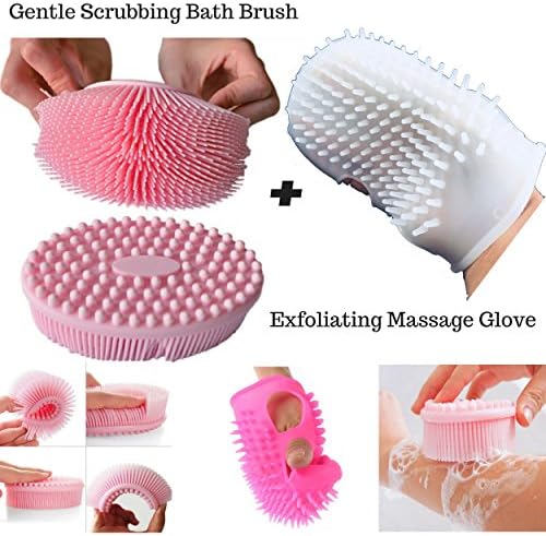 Exfoliating and Scrubbing massage brush and glove set for Improved Blood Circulation,Smooth and Beautiful skin Super-Soft Waterproof set that helps with acne or razor bumps for men and women 2018.
