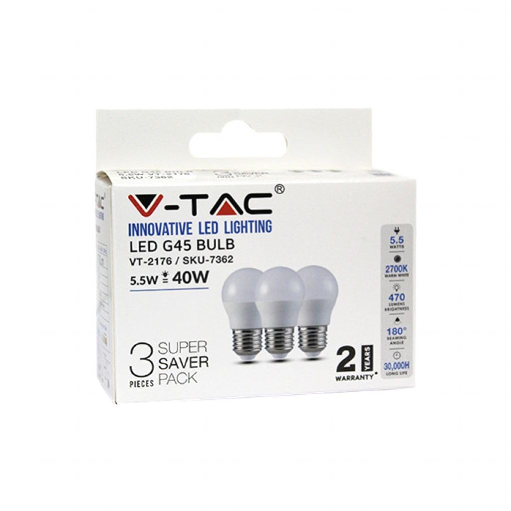 V-TAC 5.5W G45 Plastic Bulbs Color:2700K E27 - Pack of 3
