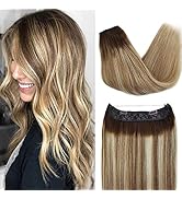 Hair Extensions 12 Inch Halo Hair Extensions Real Human Hair Chocolate Brown to Light Brown and 6...