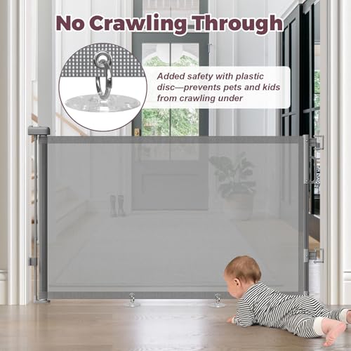 Cideny Retractable Baby Gate for Stairs & Doorways, Mesh Dog Gate Indoor Outdoor, Extends to 55" Wide 34" Tall Child Gate for Hallways, Deck, Porch, Pet Toddler Safety Essentials, Easy Install, Grey