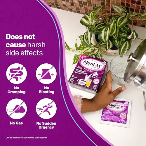 MiraLAX Gentle Constipation Relief Laxative Powder, Stool Softener with PEG 3350, No Harsh Side Effects, 1 Doctor & OBGYN Recommended, Single Dose Mix-In Pax, Travel Pack, 24 Dose