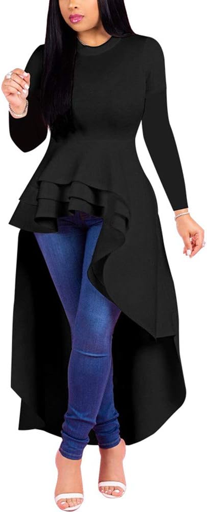 Peplum Tops for Women - High Low Dresses Ruffle Short Sleeve Tunic Shirt