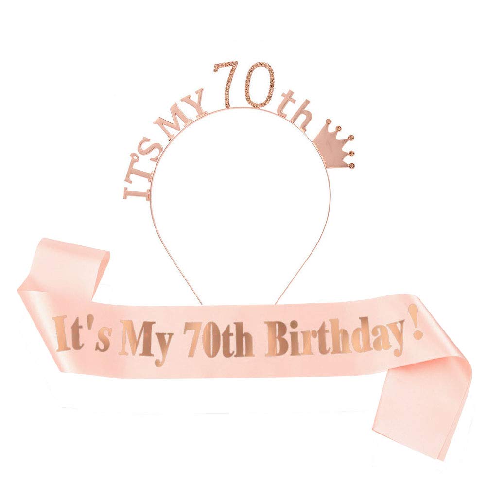 Camelliass 70th Birthday Tiara and Sash, Rhinestone Birthday Crown Headband Satin Sash for 70th Happy Birthday Party Decorations Supplies