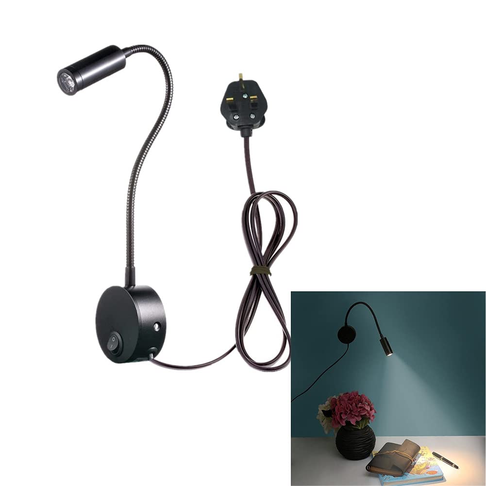 BoYeeBo Flexible 3W LED Bedside Reading Lights, Wall Mounted LED Wall Lamp Working Study Light with Plug & Switch for Bedroom, Office, Workbench, Studio (Black,6000K)