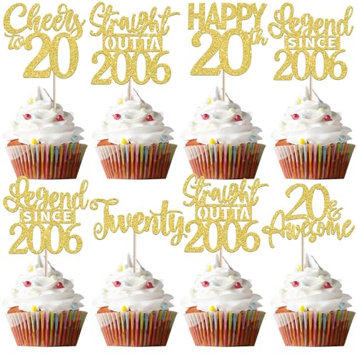 24PCS Gold Happy 20th Birthday Cupcake Toppers Twenty Straight Outta 2006 Cupcake Picks Cheers to 20 Lengend Since 2006 Cake Decorations for 20th Birthday Anniversary Party Decorations Supplies