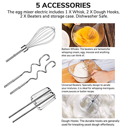 Hand Mixer Electric, 5 Speed Handheld Kitchen Mixer with Turbo Includes 2 Wider Beaters, 2 Dough Hooks, 1 Balloon Whisk and Storage Case - Thumbnail 2