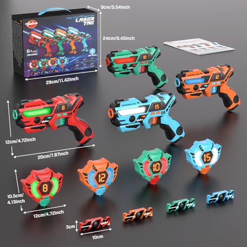 VATOS Laser Tag 360° Sensors Set of 4 Players, 2.4GHz Rechargeable Infrared Real Time Data Display Gun, Activity Game Pistols Toys for Children Aged 6+
