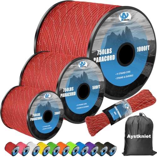 750Ib Reflective Paracord Rope,500', 4mm 11 Strand Parachute Spool Cord with Collecting Bag, para Cord Lanyard for Hammock, Camping, Hiking Image