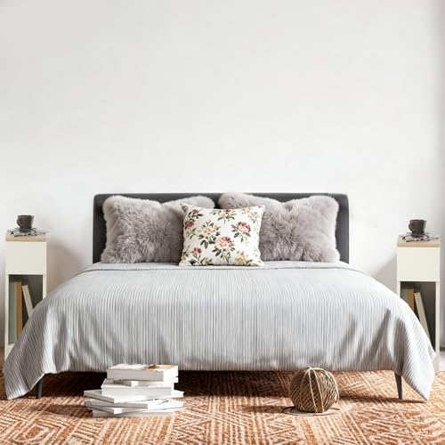 SoBuy Set of 2 Bedside Tables, Modern Nightstand with Drawer, Slim Side Table for Bedroom and Living Room, Compact Small End Table with Storage, White & Natural, FBT111-WNx2