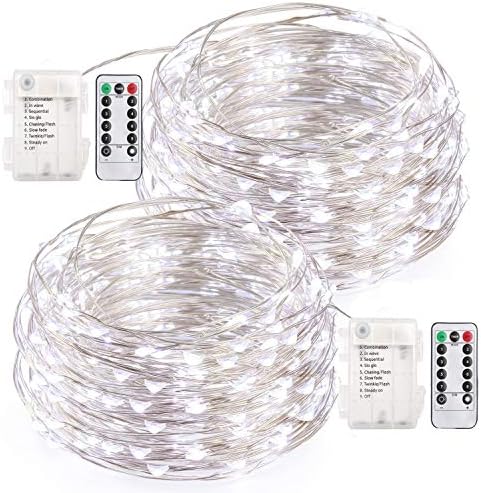 JAFAA 2 Set 50 LED Fairy Lights Battery Operated Waterproof String Light 5M Silver Copper Wire Remote Control Christmas Tree Decorations Wedding Birthday Party Bedroom Garden Ornaments Cool White