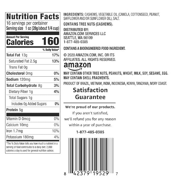 AMAZON GROCERY, FANCY WHOLE CASHEWS, ROASTED & SALTED, 16 OZ (PREVIOUSLY HAPPY BELLY, PACKAGING MAY VARY)