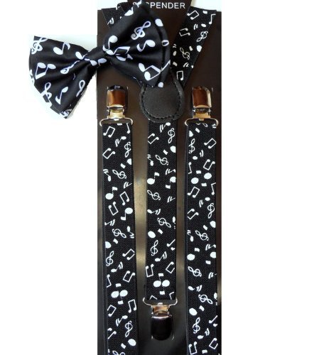 Unisex Awesome Clip-on Braces MUSIC NOTES Print Bowtie and Matching Suspenders Set - Adjustable