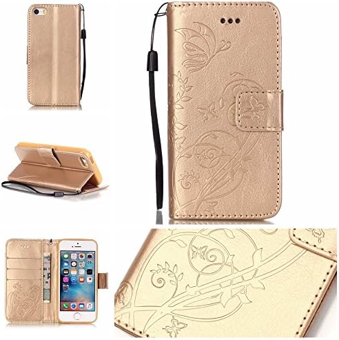 Luxury [Premium Flip] PU Leather Butterfly Wallet [Stand Feature] Protective [Wrist Strap] Folio Case Cover For Apple iPhone 5 5S-Gold