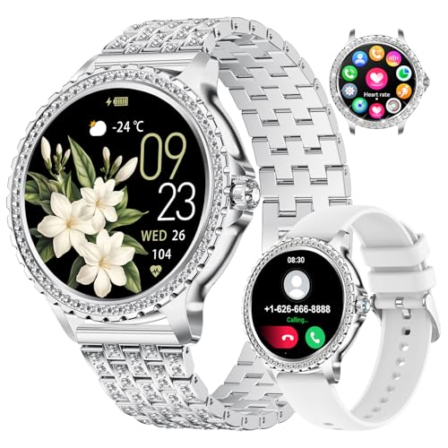 LIGE Smartwatch Damen Bluetooth Anrufe für Android iOS 1,32" HD Full Touch Screen Frauen Fitnessuhr Silber Diamant Edelstahl,Herzfrequenz,Schlaf Monit