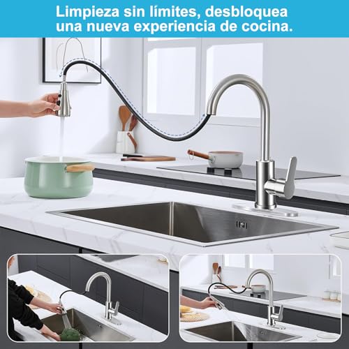 Grifo Mezcladora para Fregadero de Cocina de Acero Inoxidable, 360º Giro Mezcladora para Fregadero, Llave para Fregadero de Acero Inoxidable con 2 Modos de Agua (Plata)