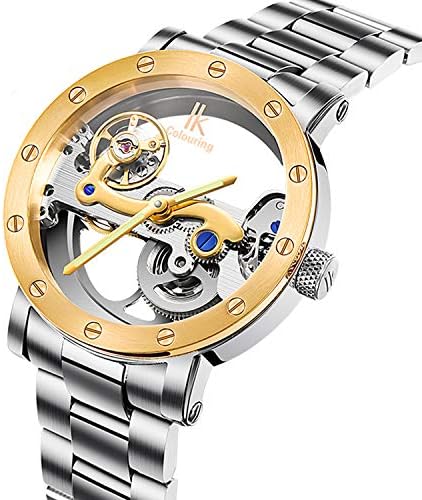 Gute Luxury Steampunk Bling Automatic Mechanical Wristwatch Golden Bezel Minimalist Stainless Steel