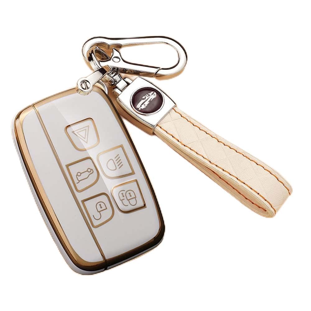 HIBEYO Smart Car Key Case Fits Land Rover Protective Case Key Cover TPU for Jaguar XF XJ XJL Range Rover Sport Discovery 4 Evoque Key Chain Key Box 5 Buttons (A White)