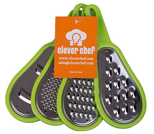 Premium Cheese Grater and Slicer with Storage Cup Set | Super Sharp Stainless Steel Blades | Easy to Grip Handle and Attached Convenient Storage Cup | Variety Bundle Set of 4 Different Blades and Cups