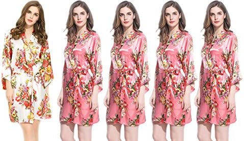 Floral Satin Bridesmaids Robe 4 Coral &amp; 1 White Wedding Bride by Endless Envy