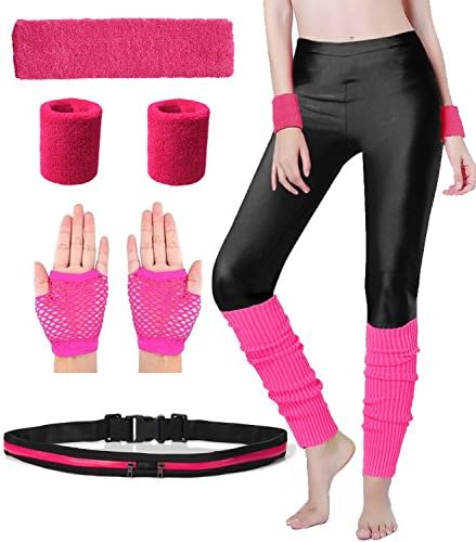 Women 80s Neon Knit Running Headband Wristbands Leg Warmers Set