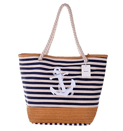 Sumerk Oversize Striped Canvas Beach Bag Cotton Totes with Rope Handle