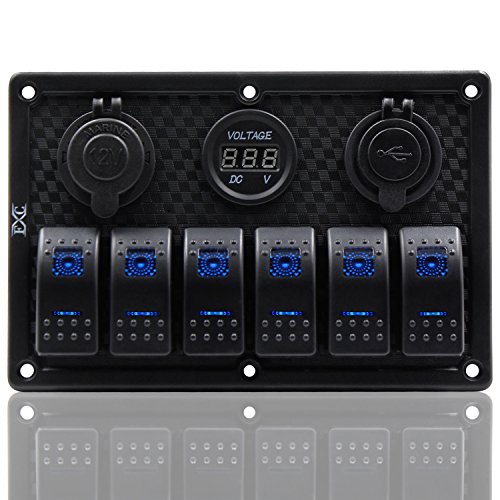 FXC Waterproof Marine Boat Rocker Switch Panel 6 Gang with Dual USB Slot Socket + Cigarette Lighter + Digital Voltage Display LED Light for Car Rv Vehicles Truck (6 Gang Blue Light)