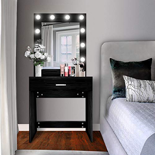 US Shipping Vanity Set with Lighted Mirror, YEEGO Makeup Vanity Dressing Table Dresser Writing Desk with Drawer for Bedroom Easy Assembly, Black(10PCS Cool LED Bulbs) - Thumbnail 7