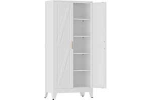 COFaR 71 in Tall Metal Storage Cabinet, Metal Cabinet with 4 Adjustable Shelves and Barn Doors, Farmhouse Cupboard Storage for Kitchen Pantry Garage Laundry, White 5-Tier